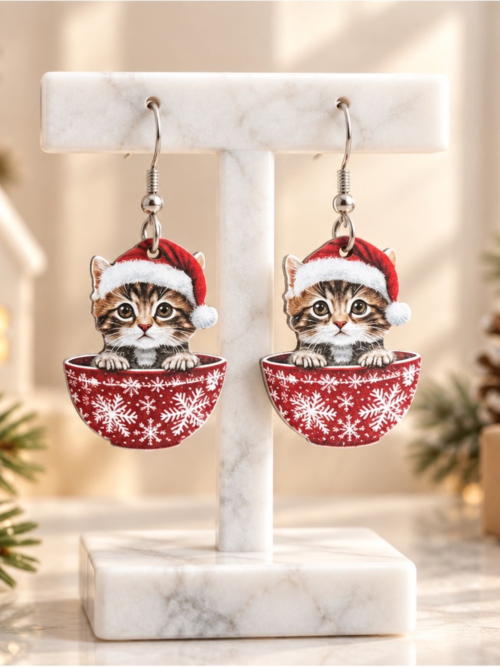 Fashion Jewelry Red Kitten in Snowflake Cup Earrings